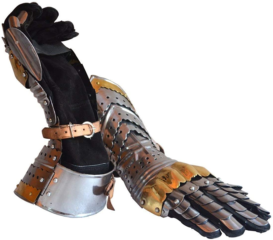 18 Guage Steel & Brass Medieval Knight Gothic Pair Of Gauntlets Gloves Armor 