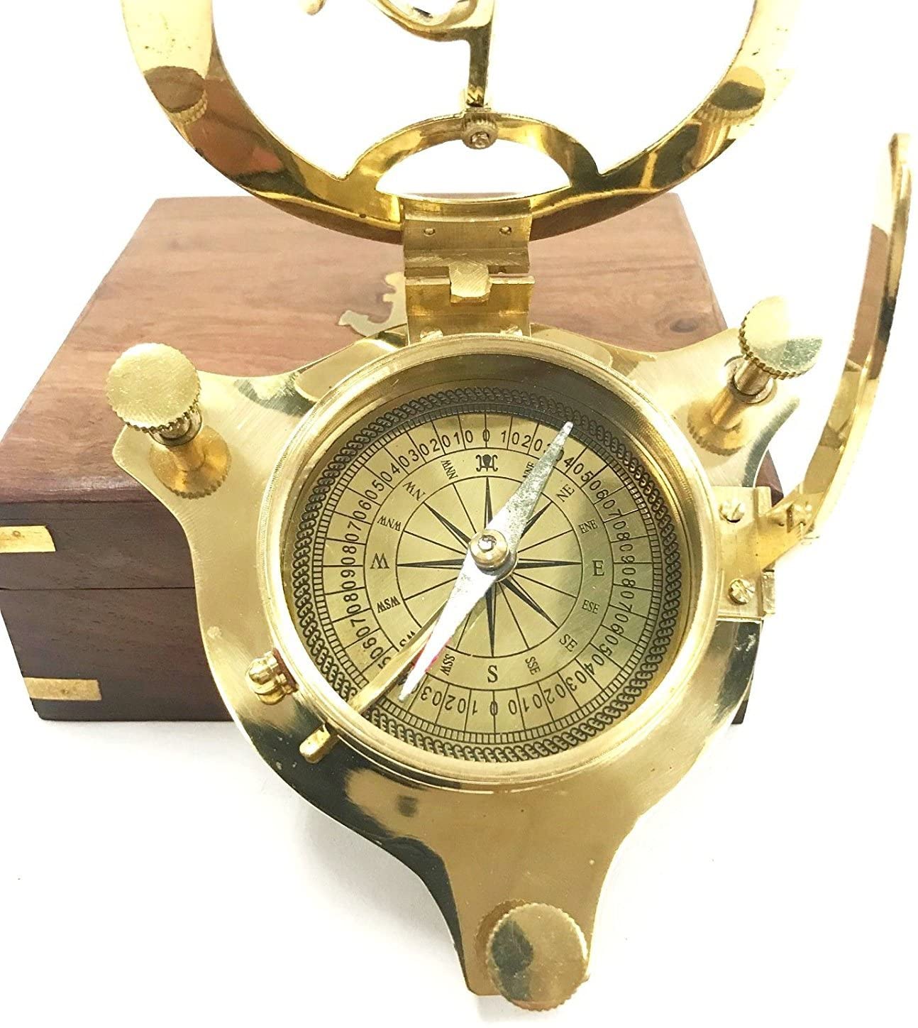 AnNafi® Sundial Compass With Teak Wood Box Inlaid With Solid Brass 4.5 inches